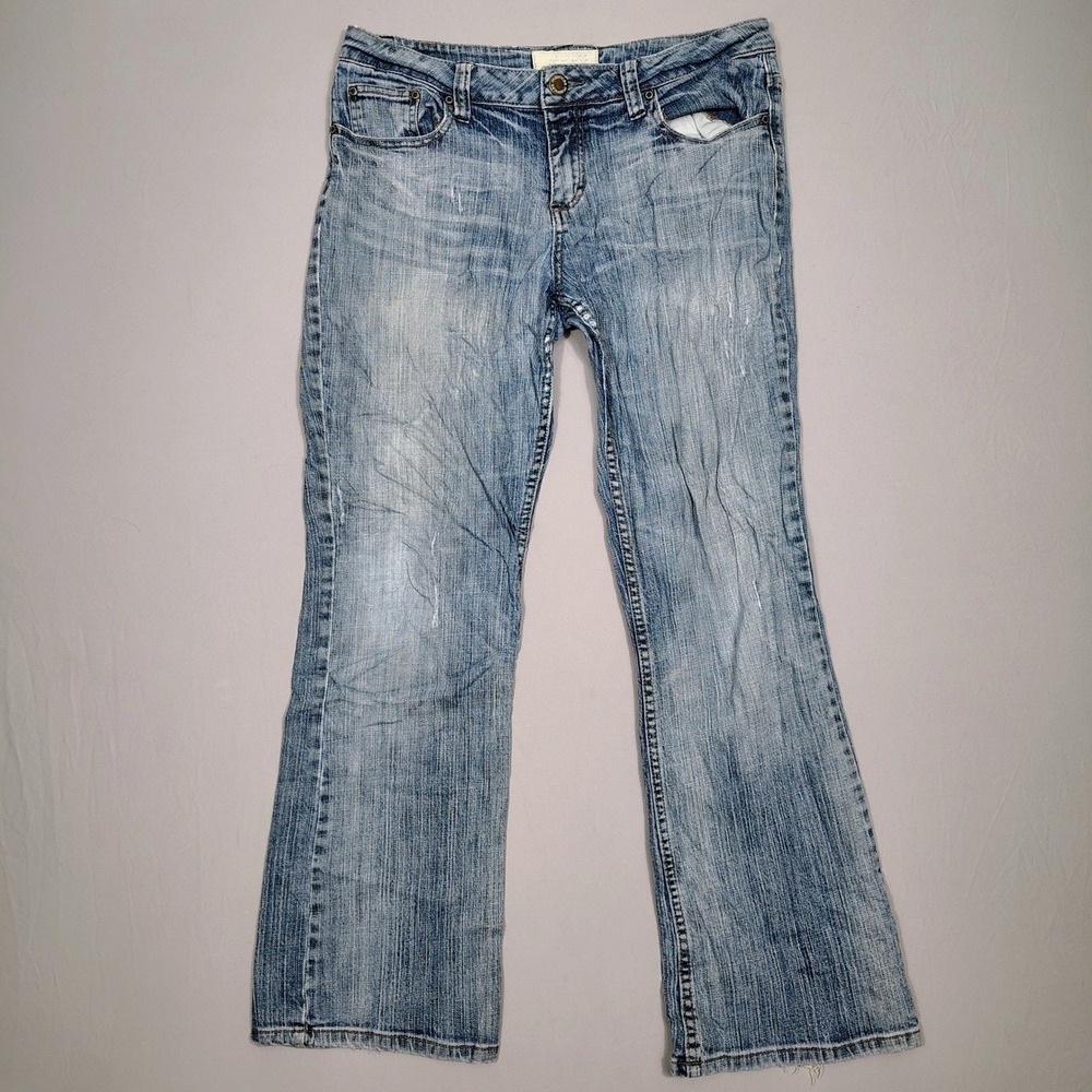Maurices Taylor Boot Jeans Women 9/10 Short Blue Distressed Whiskered Denim